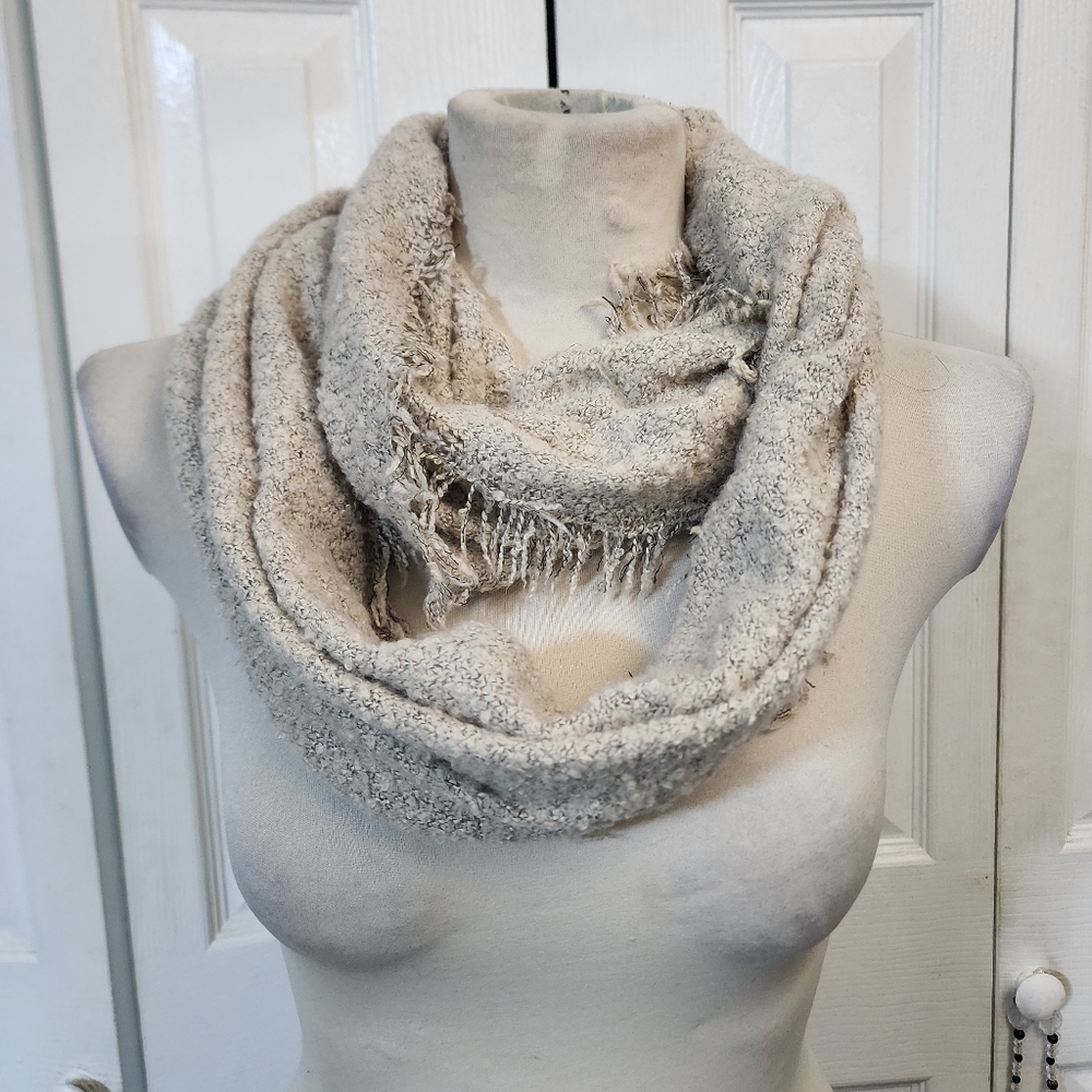 Women's Beige Fluffy Infinity Scarf With Fringe